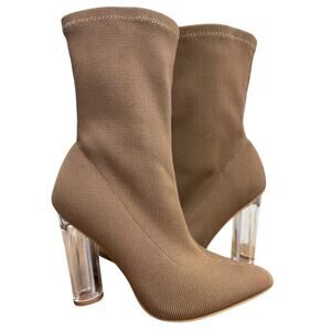 Aleeza Tan Stretch Heel Boots Sz 7 Wide FASHION NOVA Pull On Clear Block Heel